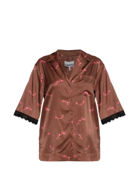 GANNI floral-print lace-trim shirt Brown A104040312055
