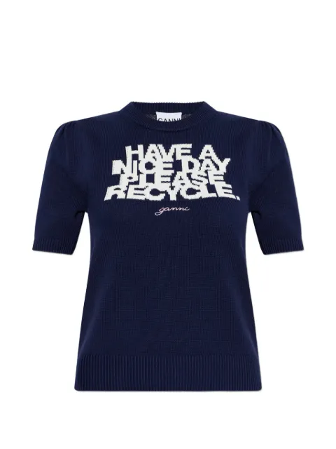 GANNI slogan-print puff-sleeve T-shirt Blue A1040366