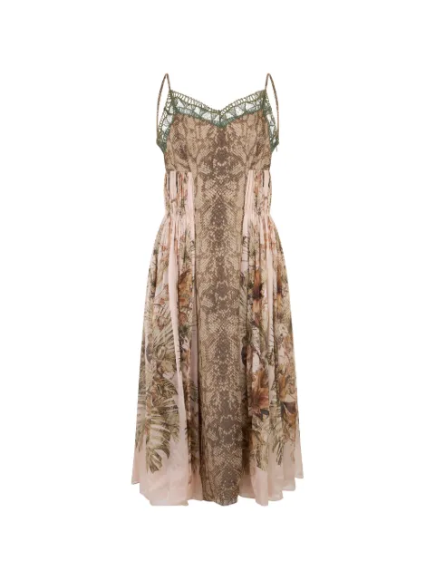 Alberta Ferretti lace-trim snake-print midi dress Neutrals A04411632