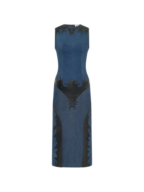 Marine Serre leather-patch denim midi dress Blue WDR474AUDEN0016BL90