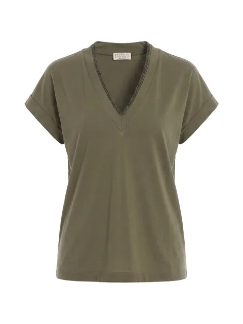 Brunello Cucinelli monili-trim V-neck T-shirt Green M0T18BD222C983