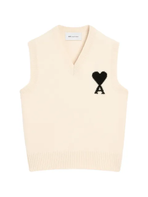 AMI Paris white sleeveless wool sweater with Ami de Coeur Neutrals H26UKS902018