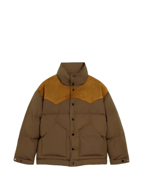 AMI Paris nylon and cotton down jacket with leather panels Brown H26UJK924PL0117