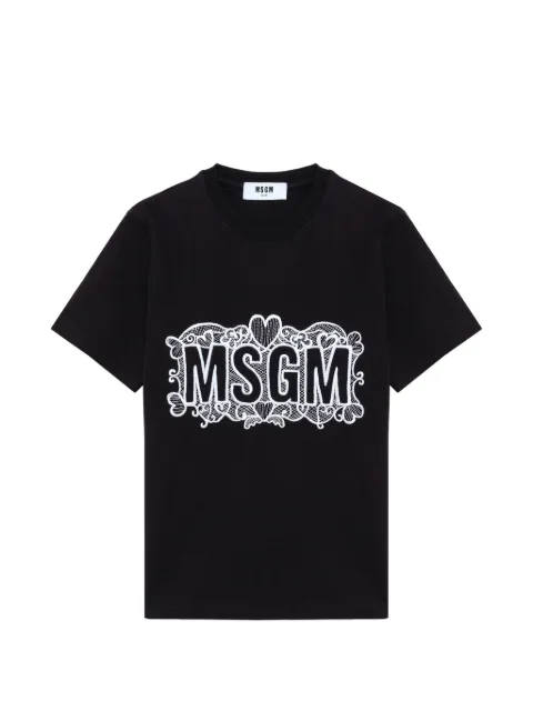 MSGM logo-embroidered lace-detail T-shirt Black 4141MDM128SE267596
