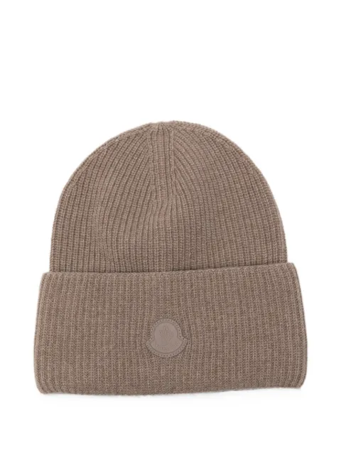 Moncler logo-patch ribbed-knit beanie hat Brown L20933B00026M4281