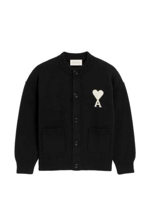 AMI Paris crewneck wool cardigan with Ami de Coeur Black H26UKC368018