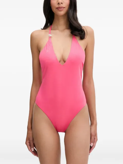 GUESS USA logo-plaque halterneck swimsuit Pink E6GJ29KF462