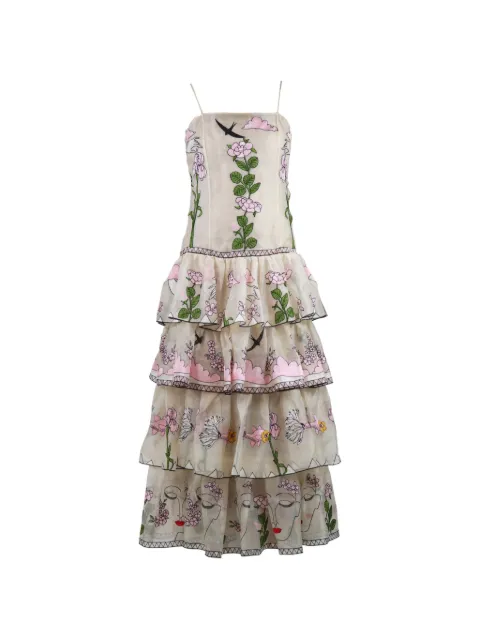 Vivetta floral-embroidered tiered midi dress Neutrals CREAMFLORALEMBROIDEREDSATINMIDIDRESS