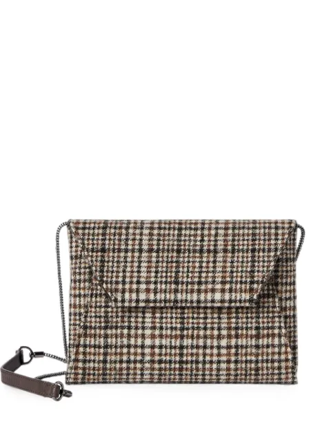 Brunello Cucinelli Duo pochette in water-resistant alpaca and wool check with precious chain Neutrals MW57B2722C016