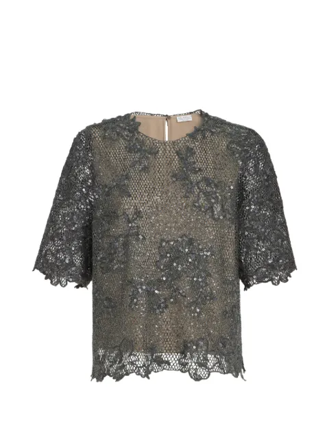 Brunello Cucinelli dazzling lace-embroidery T-shirt in sparkling mohair and wool Grey M0PIZVJ120CLV14