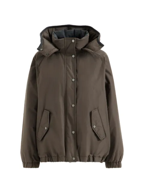 Brunello Cucinelli techno cotton taffeta outerwear jacket with detachable knit hood and shiny zipper pull Brown MH5253270C028