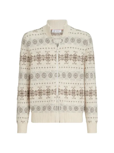 Brunello Cucinelli cashmere jacquard high-neck cardigan with zipper Neutrals M22506316CJS54