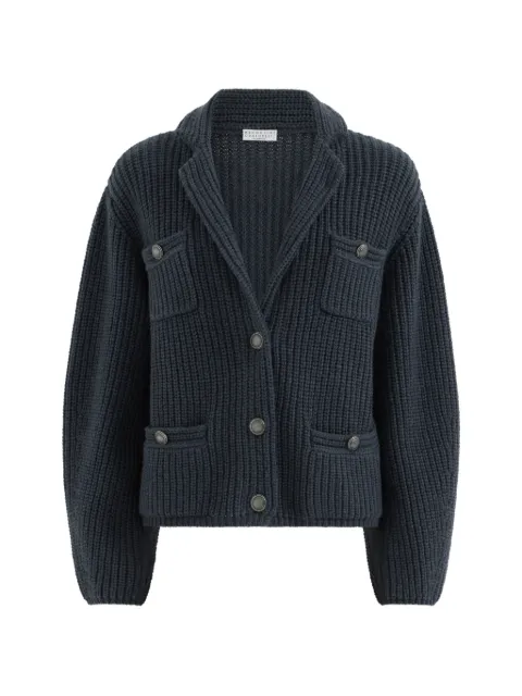 Brunello Cucinelli cashmere feather yarn English rib cardigan Blue M52538516C7186