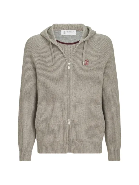 Brunello Cucinelli cashmere English rib hooded knit sweatshirt with logo and zipper Grey M22704806GCFF57