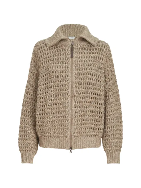 Brunello Cucinelli dazzling soft virgin wool and cashmere net cardigan Neutrals MGO378806CVA05