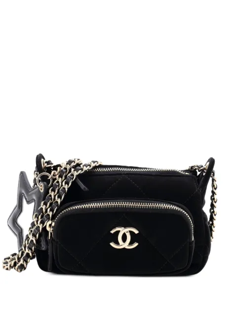 CHANEL Pre-Owned 25 With Chain Quilted Velvet Effect Nylon and Shiny Crumpled Calfskin Mini clutch bag Black UFUKHZOD2I7XO4NE