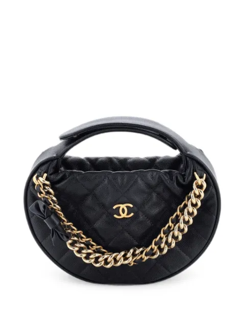 CHANEL Pre-Owned Double Chain Bow Pouch Quilted Caviar Mini hobo bag Black DL9ZLE5APJYE4ZPF