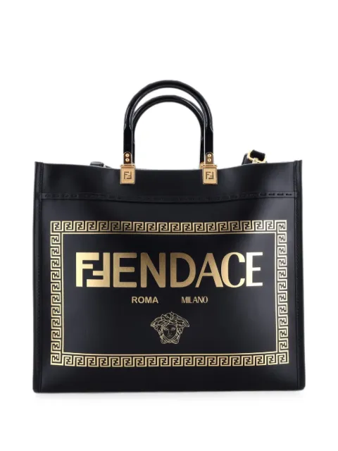 Fendi Pre-Owned x Versace Fendace Convertible Sunshine Shopper Printed Leather Medium tote bag Black ZJHMDETR58U0I2VG