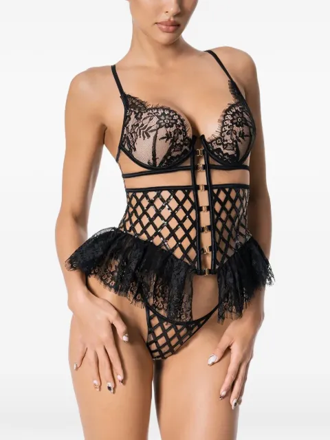 God Save Queens lace-trimmed ruffled bodysuit Black GSQ184160