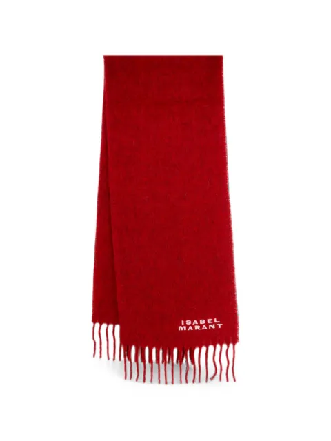 ISABEL MARANT Firmy logo-embroidered fringed scarf Red EC002XFBA4C04A
