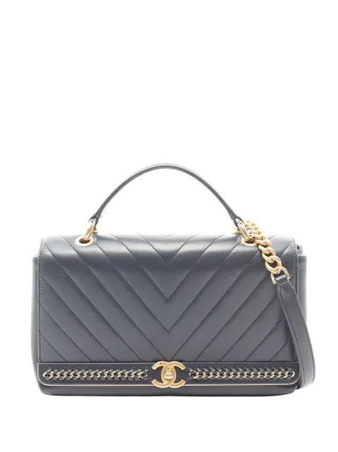CHANEL Pre-Owned 2017-2018 Chevron Sheepskin Stitched Chain Top Handle Flap satchel Blue VHUMSNA46FXAVQA3