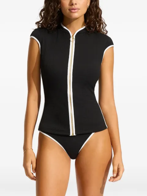 Seafolly Beach Bound zip-up cap-sleeve rash guard Black 60303072