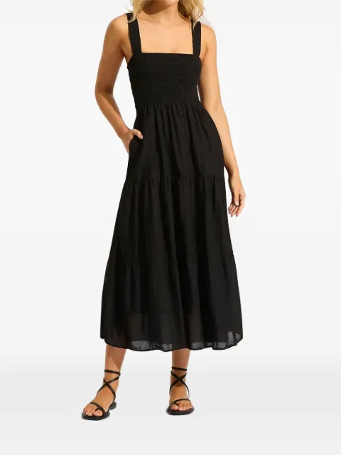 Seafolly Faithful shirred tiered midi dress Black 54865DR