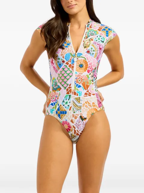 Seafolly Beach Boheme zip-front cap-sleeve swimsuit Pink 60276300