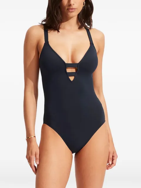 Seafolly Collective Deep V cut-out strappy-back swimsuit Blue 10634942