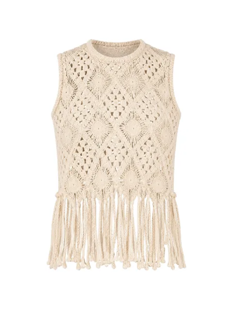 Hunter Bell Astor fringe-trimmed crochet blouse Neutrals 26HST28CRM
