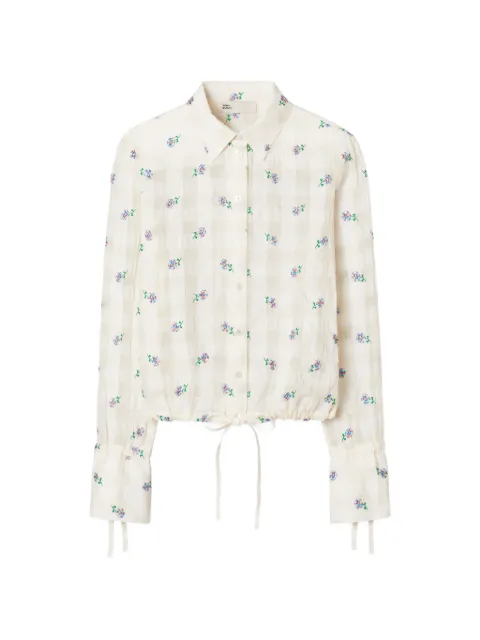 Tory Burch embroideredv gingham drawstring-waist blouse Neutrals 182044
