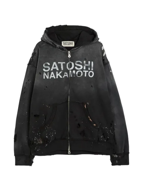 SATOSHI NAKAMOTO distressed paint-splatter hoodie Black LUKEFLEECEHOODIE