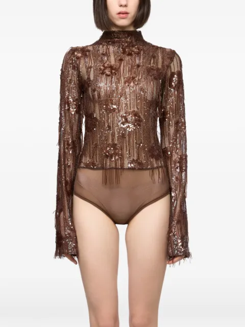 Atu Body Couture sequin-embellished fringed bodysuit Brown AT26149