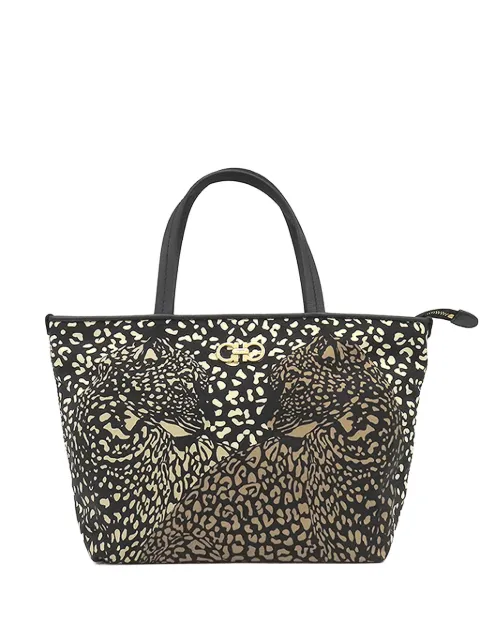 Ferragamo Pre-Owned 1990-2020 Nylon Leopard Print Double Gancini tote bag Black 4U6RFEUX5ASY6EW8