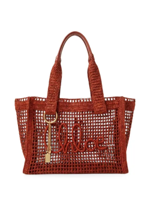 Chloé logo-patch open-knit tote bag Orange CH26US904P082