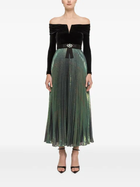 NISSA velvet bodice metallic chiffon midi dress Green RS16776