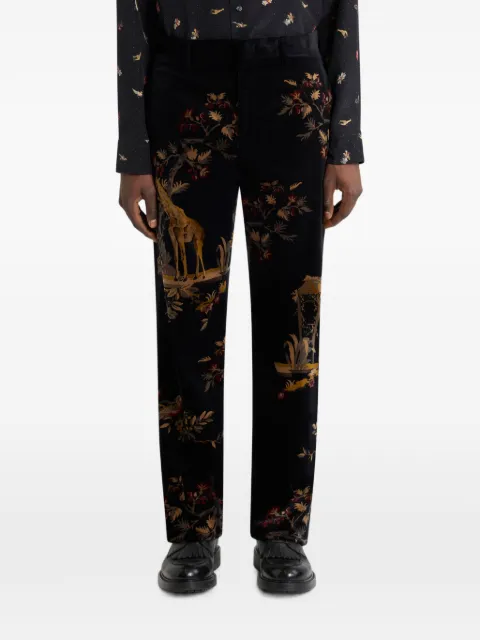 ETRO straight-leg cotton velvet trousers with placed flower and animal print Black MRED001499SPE13