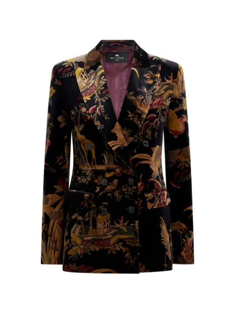 ETRO double-breasted cotton velvet jacket with flower and animal overprint Black WRCA001099SAE1B