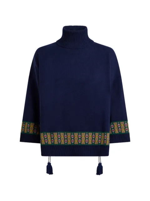 ETRO wool-blend kimono sweater with tassels and geometric motif Blue WRKF0008AU12S