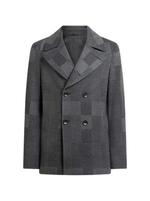 ETRO cotton and wool jacquard pea coat with check motif Grey MRBA008399JJB11