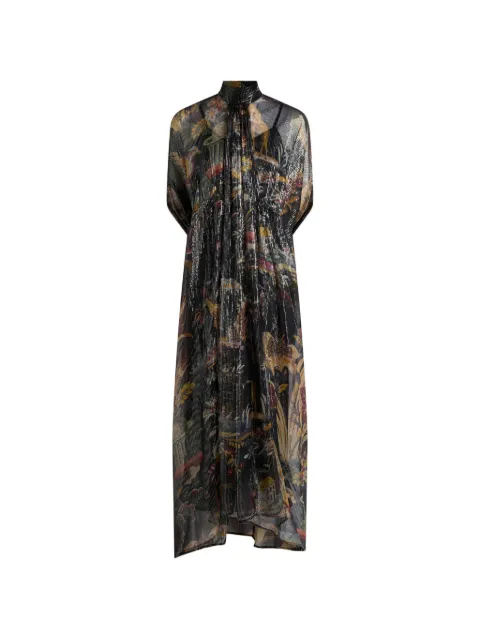 ETRO long silk dress with cape detail and flower and animal motif Black WRHA064799SAA12