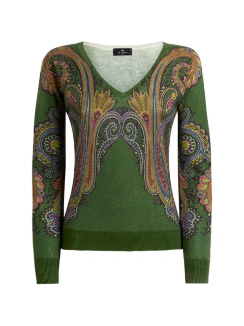 ETRO silk and cashmere sweater with V-neck and placed Paisley-print Green WRKE0024AK171