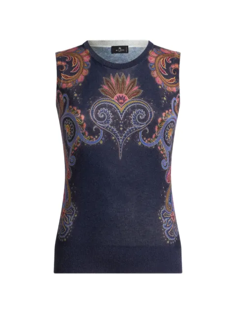 ETRO sleeveless silk and cashmere top with placed Paisley print Blue WRKE0238AK171