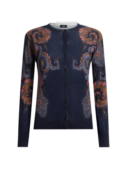 ETRO silk and cashmere cardigan with placed Paisley print Blue WRKE0023AK171