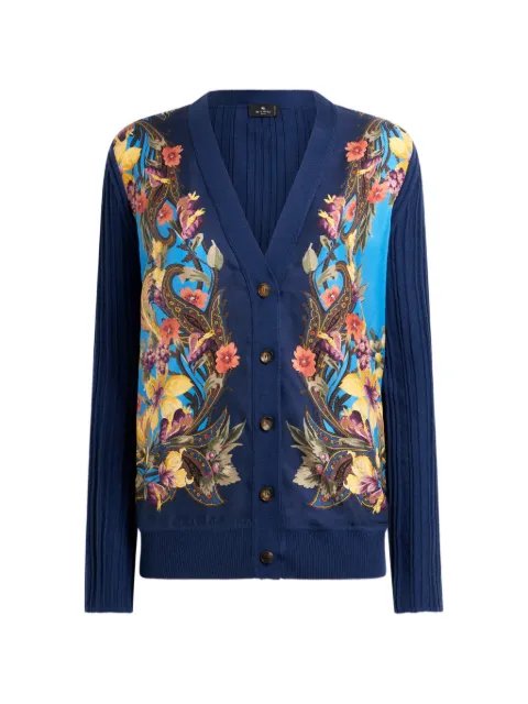 ETRO cardigan in wool and silk with placed Paisley and flower-print Blue WRKE0182AV11N