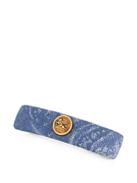 ETRO cotton and linen jacquard denim hair clip with leafy motif Blue WF6B0003AD119