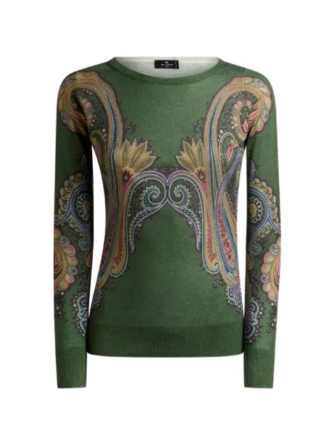 ETRO silk and cashmere sweater with v-neck and placed Paisley print Green WRKE0424AK171