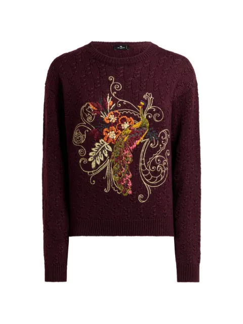 ETRO cropped cable-knit cashmere-blend sweater with peacock embroidery Red WRKE0252AR11P