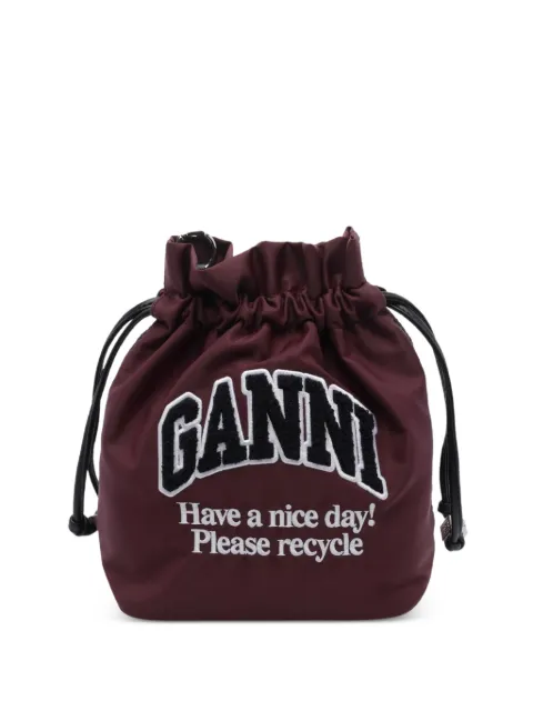 GANNI logo-patch drawstring bucket bag Brown B3010352