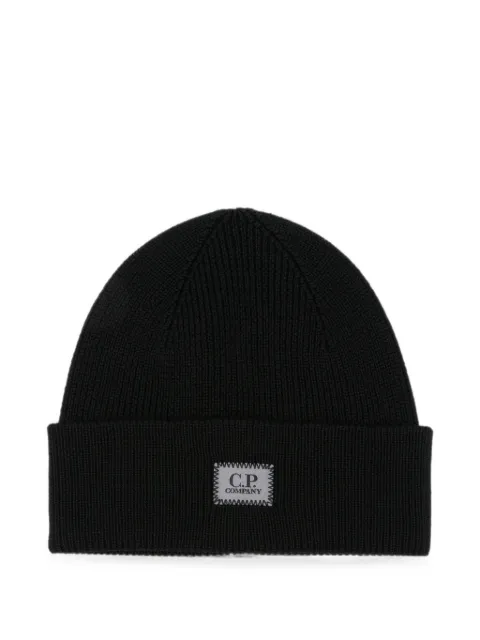 C.P. Company logo-patch ribbed-knit beanie hat Black 21CMAC141A005509A999
